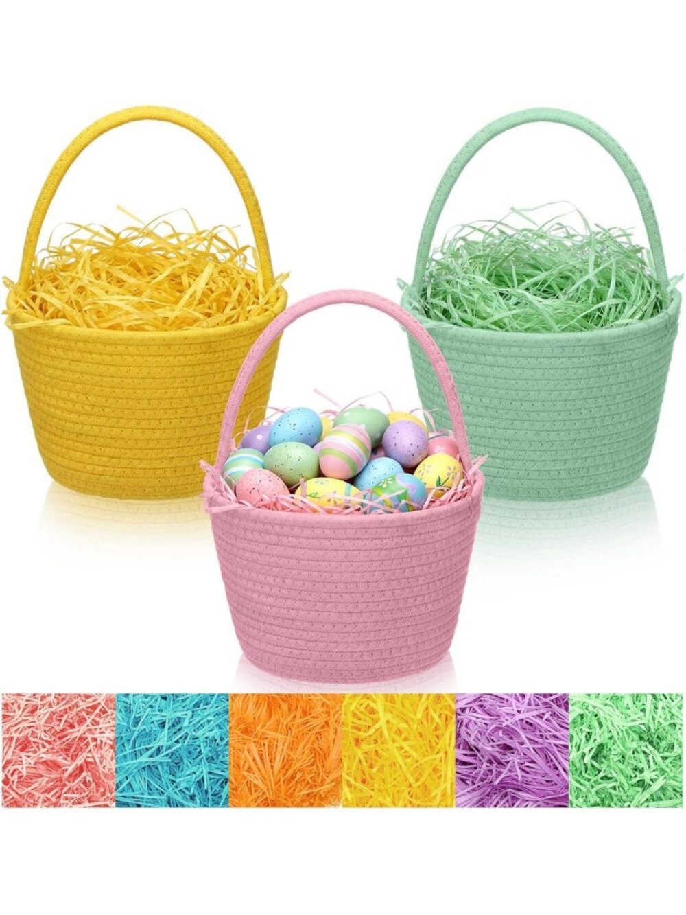 3 Set Woven Easter Baskets with Handles - Colorful Raffia Gift Bags for Egg Hunt